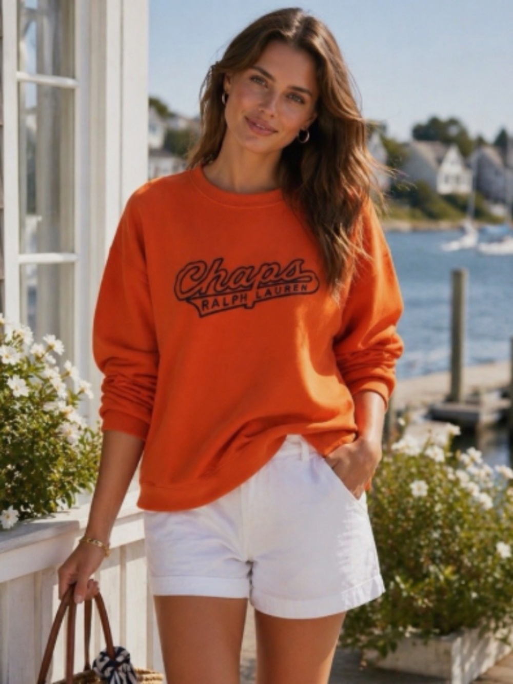 New Ralph Lauren Chaps Orange Embroidered Sweatshirt Preppy
